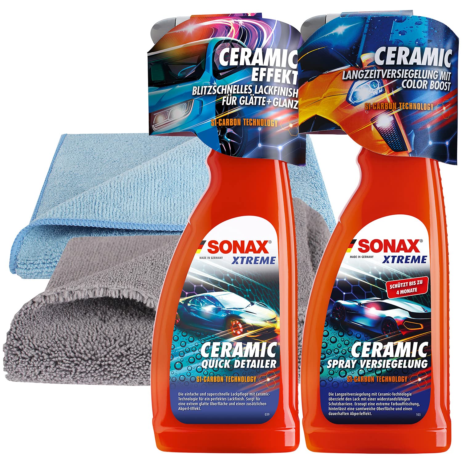 SONAX Ceramic Spray Versiegelung Set: Ceramic Spray Versiegelung, Ceramic Quick Detailer je 750ml + 2X Microfasertuch