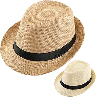 2 Pack Straw Fedora Hats for Men and Women, Short Brim Summer Beach hat,