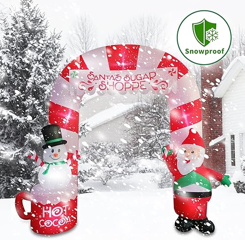 Vista 5 de Decoraciones inflables de Navidad para exteriores, arco inflable de Navidad de 8 pies con Papá Noel y muñeco de nieve, decoraciones de fiesta LED