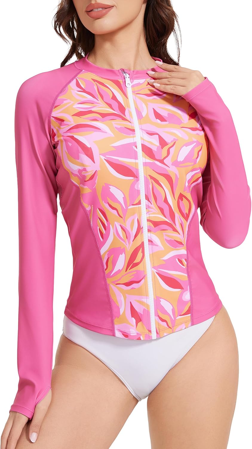Rash Guard for Women Zipper Long Sleeve Swimsuits Full Coverage Swim Shirt Rashguard Tops Uv Water Shirts for Ladies