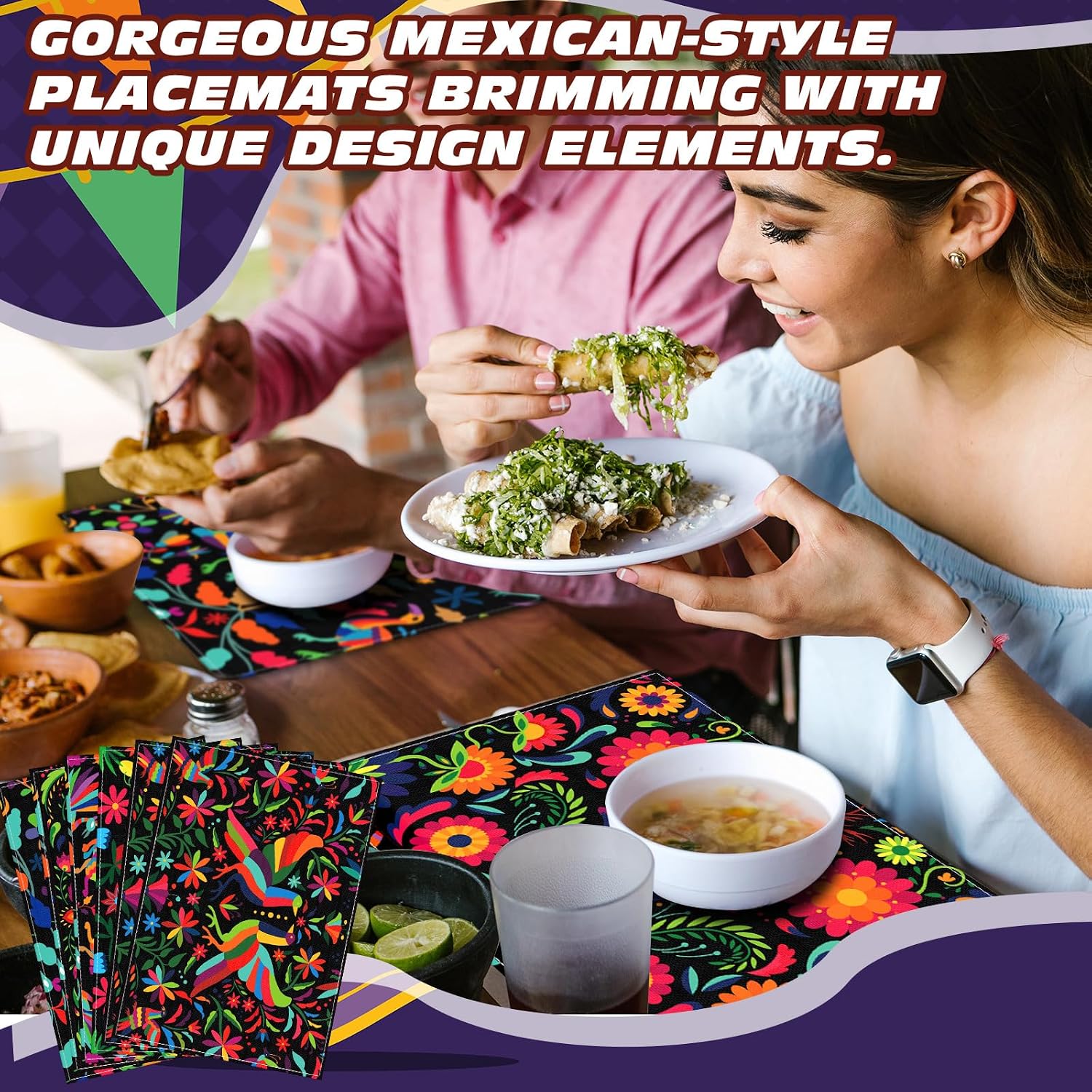 Set of 6 Mexican Placemats for Day of The Dead Table Decor 12x18, Black