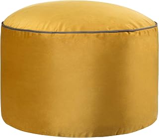 Cushoo Velvet Footstool Floor Cushion in Mustard Yellow with Grey Piping | Large Decorative Living Room Bean Bag Pouffe Seat | 55cm x 35cm