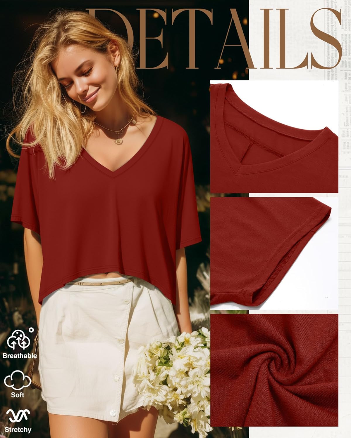 Huukeay 3 Pack Oversized T Shirts for Women Short Sleeve Crop Tops V Neck Irregular Hem Baggy Cropped Tees - Image 3