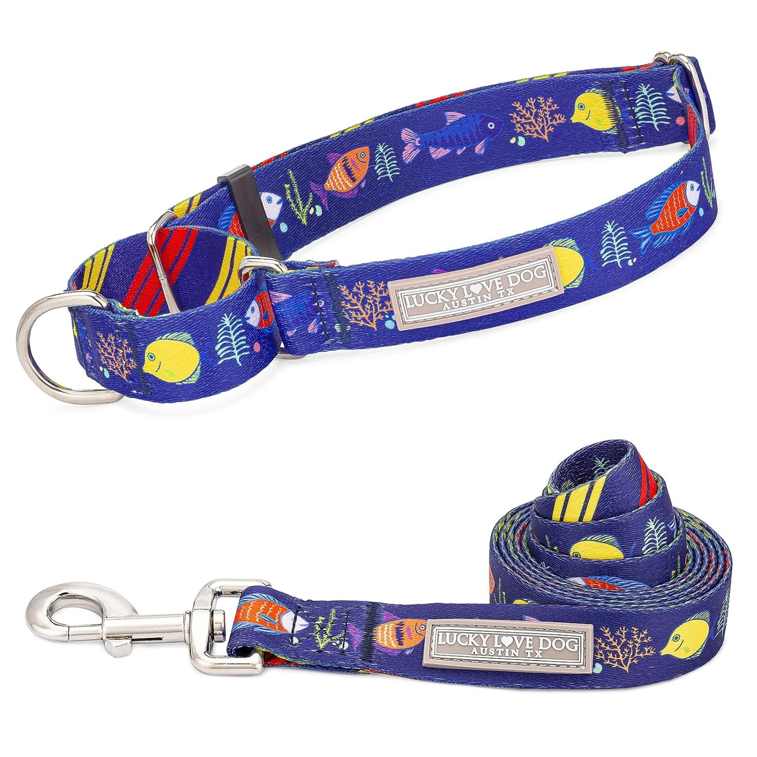 Lucky Love Dog Tropical Fish Pattern Martingale Collar and Leash Set, Blue Color No Slip Collars for Medium Dogs, Great for Whippets, Greyhounds, and
