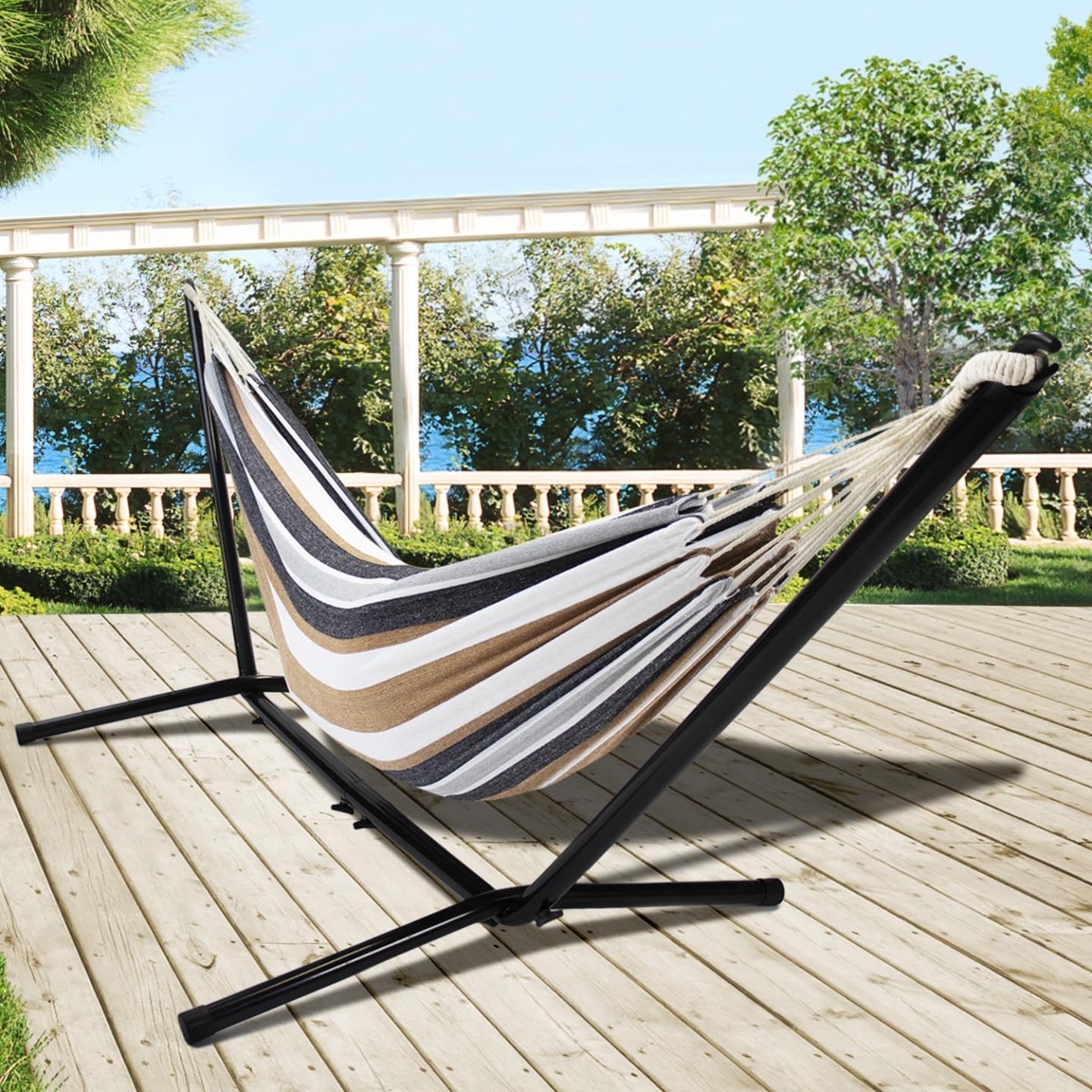 IDMarket - Hamaca con soporte de metal negro y tela a rayas negras, blancas y chocolate