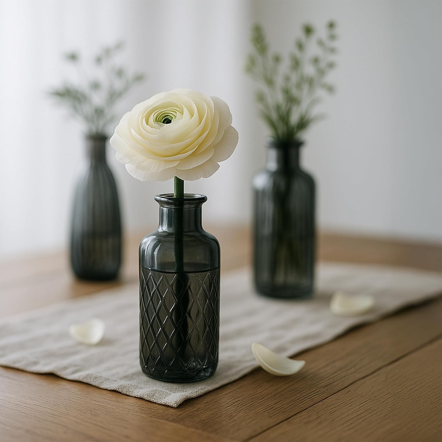 Relaxdays Set of 10 Textured Vintage Glass Vases H 10-14.7cm Small Decorative Vases for Table Decoration Grey