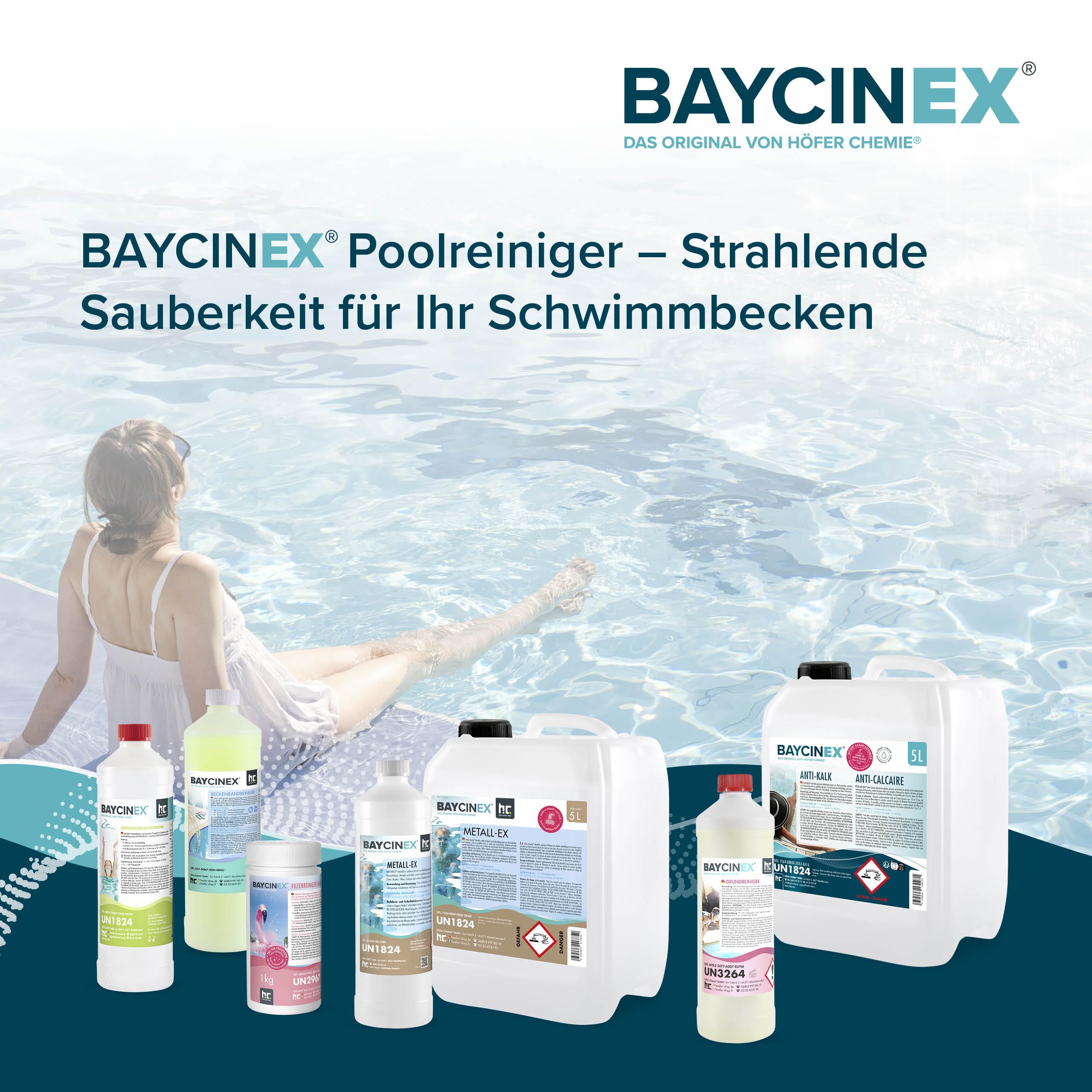 BAYCINEX Anti-Kalk Pool 5 L – Starker Pool Entkalker gegen Kalkablagerungen – Für Poolboden, Wände & Technik – Entfernt Kalk im gefüllten Pool – Kompatibel mit Allen Filtersystemen