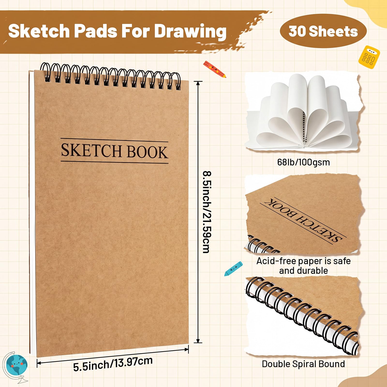 Fulmoon Confezione da 30 blocchi da disegno da 14 x 21,6 cm, 30,8 kg/100 g/m², 900 fogli senza acidi, rilegatura a spirale, mini blocco da disegno, per pittura e disegno, per principianti, forniture