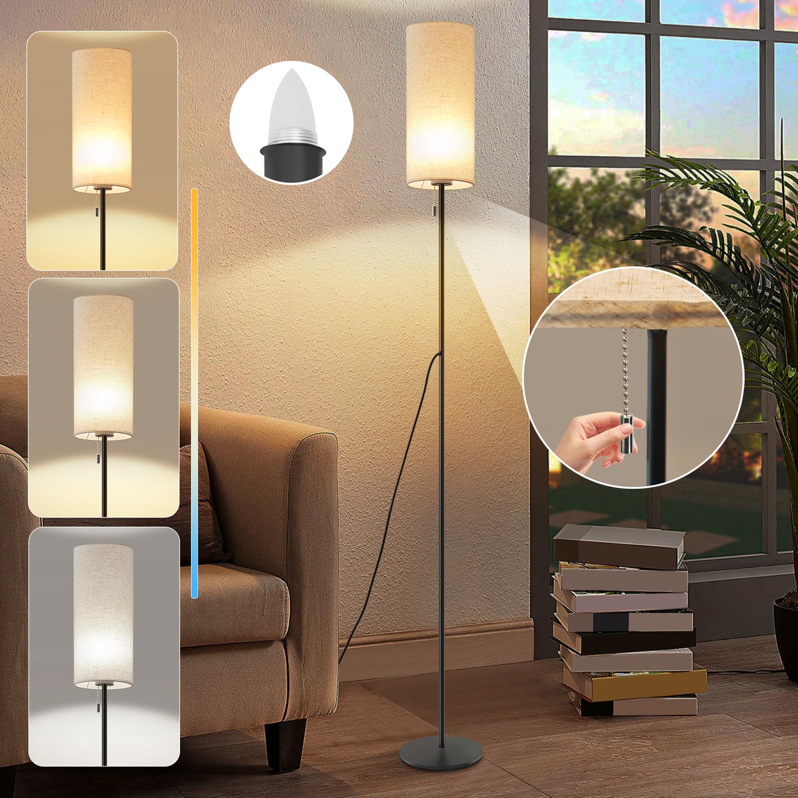 GBLY Lámpara de pie para sala de estar Lámpara de pie regulable: Lámpara de pie LED 3 temperaturas de color Lámpara de pie vintage beige con interruptor de cordón Lámpara de lectura de tela retro