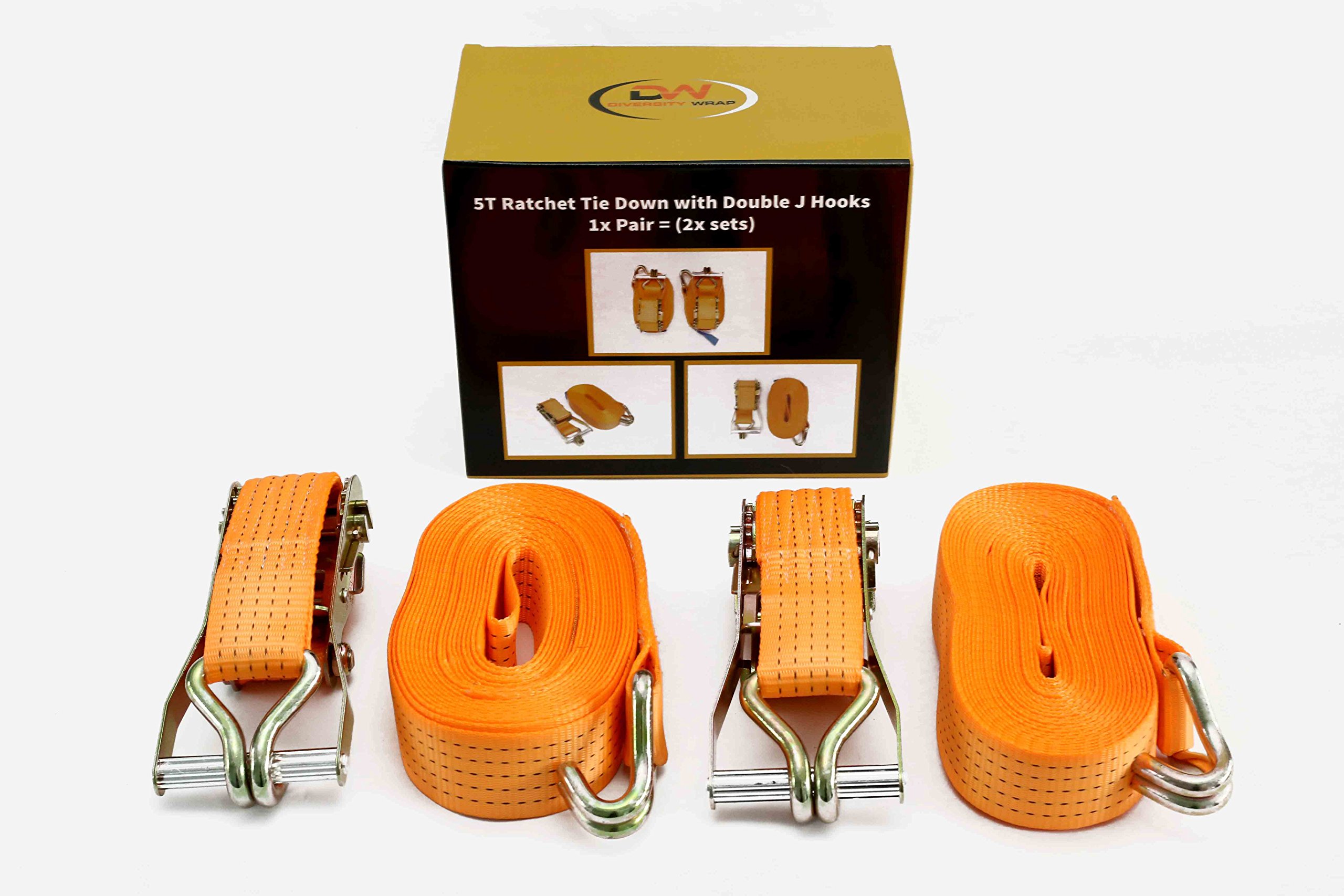 Diversity Wrap 4 Pack Heavy Duty 8m x 50mm Ratchet Straps with Hooks- Tie Down Straps with Durable Double J Hook- Weather Resistant Polyester Straps- Hook for Household, Goods & Snowmobile (Orange)