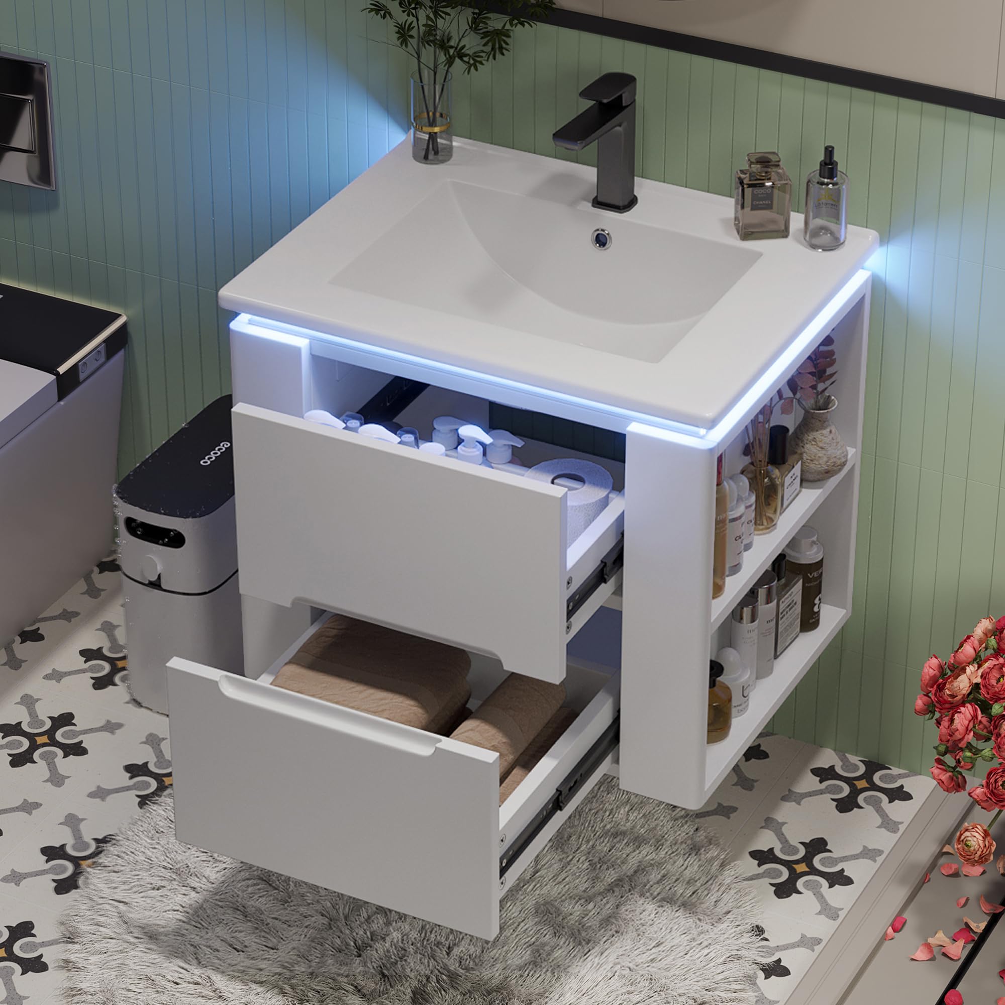 armadio da bagno sospeso a parete, 60 x 46 x 48,5 cm, illuminazione a LED con sensore radar, due cassetti, guide scorrevoli silenziose, lavabo integrato, bianco