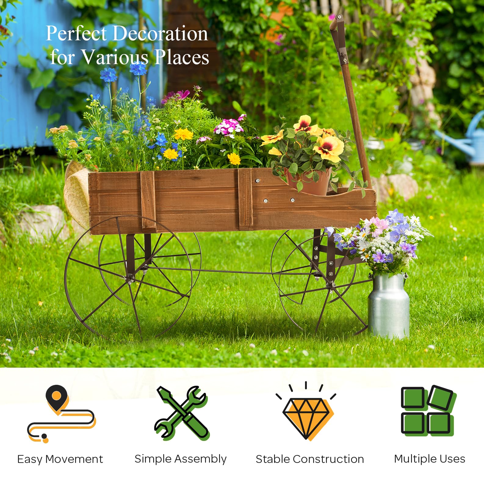 HOMASIS Jardinera Carrito de Madera para Plantas, Carretilla con Ruedas de Metal y 2 Compartimentos, Maceta en Forma de Monociclo Decorativo para jardín, terraza, Patio, 63x35x62,5cm (Marrón)