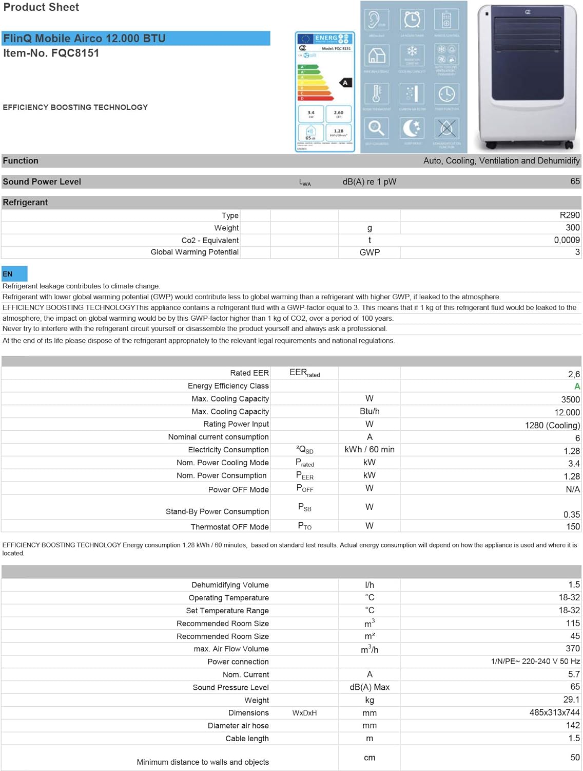 Remote control and feature icons for FlinQ Mobile Air Conditioner