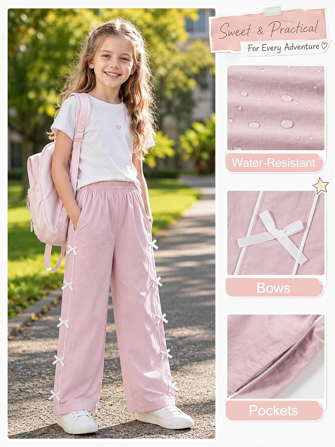 Rolanko Girls Wide Leg Baggy Track Pants with Side Bow Y2K Streetwear Parachute Pants for School Daily Wear 9-15 Years