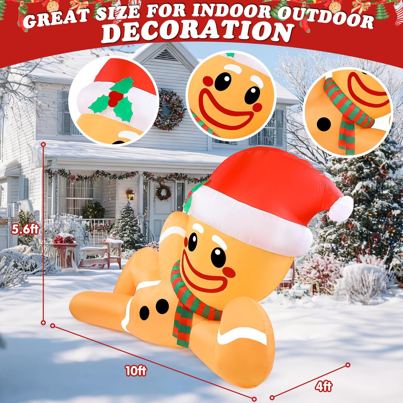 Aufblasbare Weihnachtsdekoration, Lebkuchenmann, riesig, flach liegend, aufblasbar, mit eingebauten LED-Lichtern, 3 m