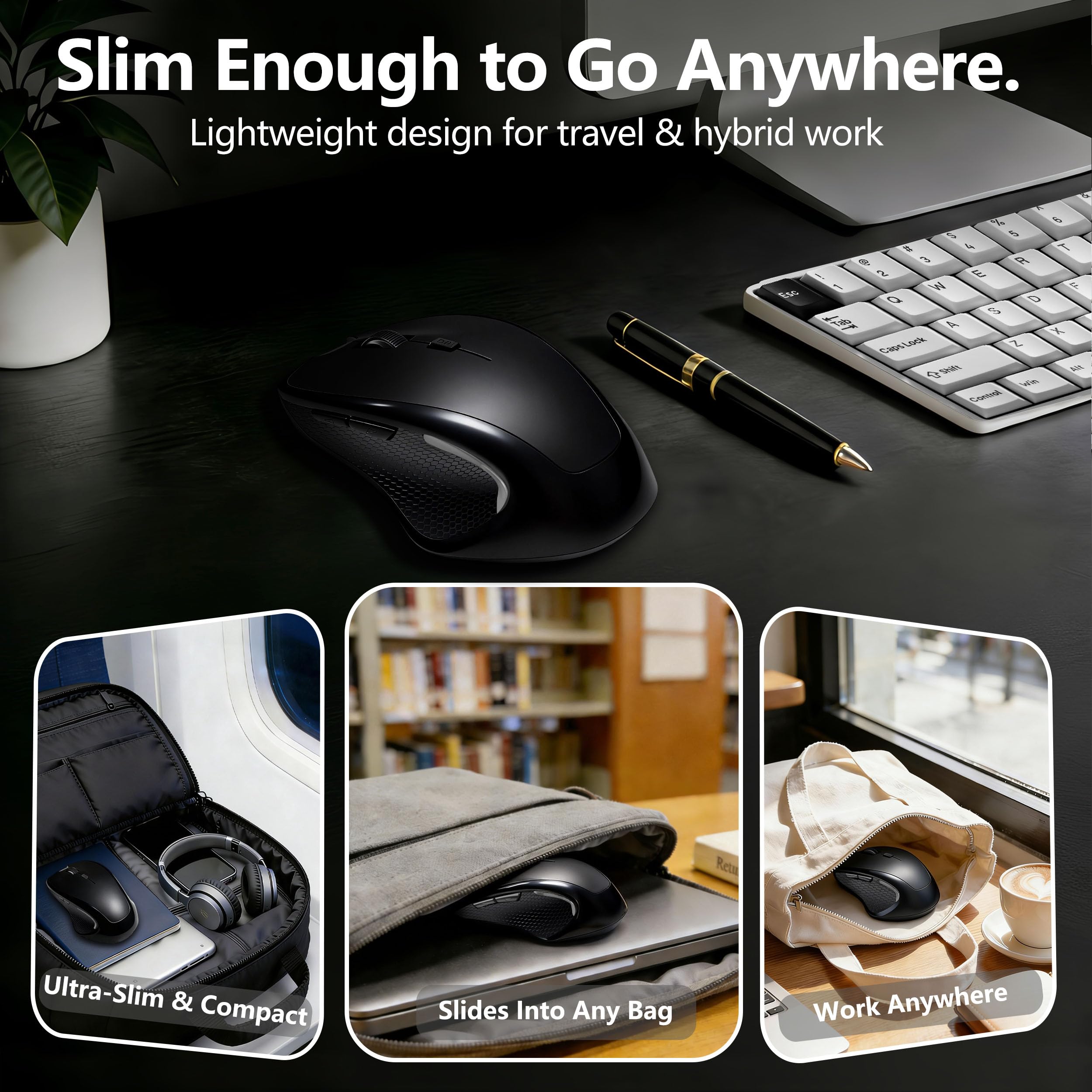 Kenvala Wireless Bluetooth Mouse for Mac & iPad, Ergonomic Rechargeable Mouse with Built-in Jiggler Mode, Dual USB-C & USB-A Receiver, Quiet Optical Mouse for Laptop, Desktop & Tablet – Black — view 7