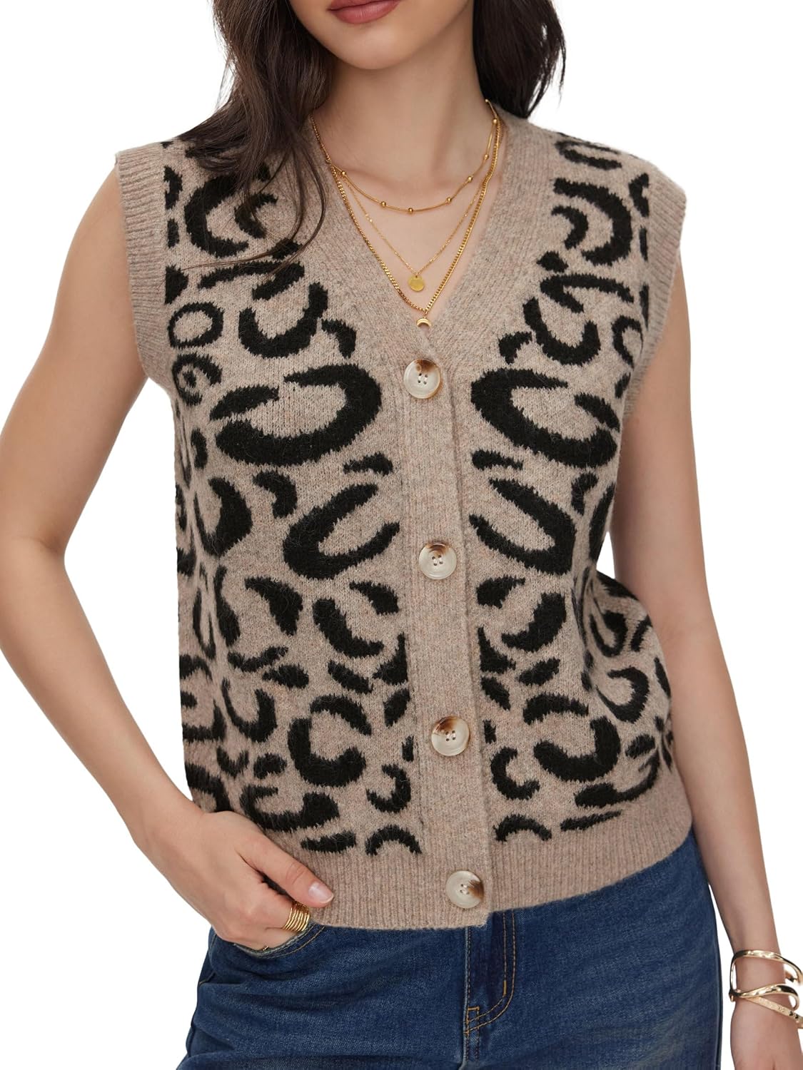 CIDER Women's Leopard Sweater Vest Button Down V Neck Cardigan Sweaters | Sleeveless Cozy Sweaters, Fall Outfits Trendy Winter Fashion