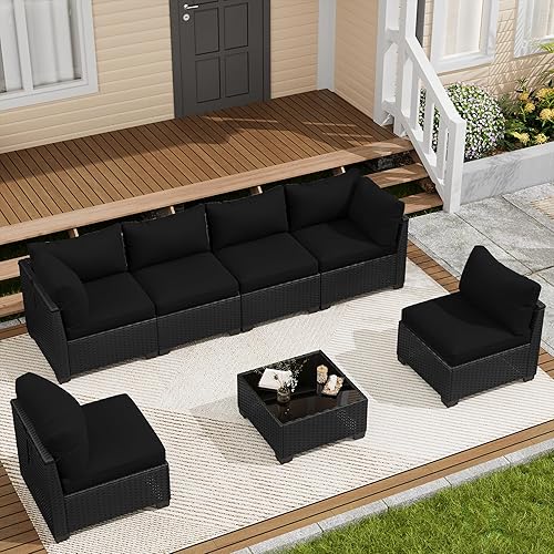 LOUVIXA 7 Piece Outdoor Patio Furniture Set, Outdoor Sectional Sofa, Wicker Rattan Patio Furniture, Patio Conversation Set with Coffee Table & Cushions