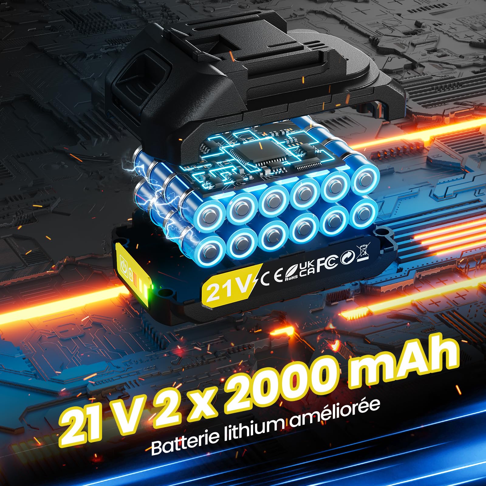 21V Perceuse Percussion Sans Fil, 45Nm Perceuse Visseuse Devisseuse Sans Fil avec 2 Batteries 2,0Ah, 25+3 10mm Mandrin Métallique 2 Vitesses Perceuses à Percussion Viseuse Electrique Outils Bricolage
