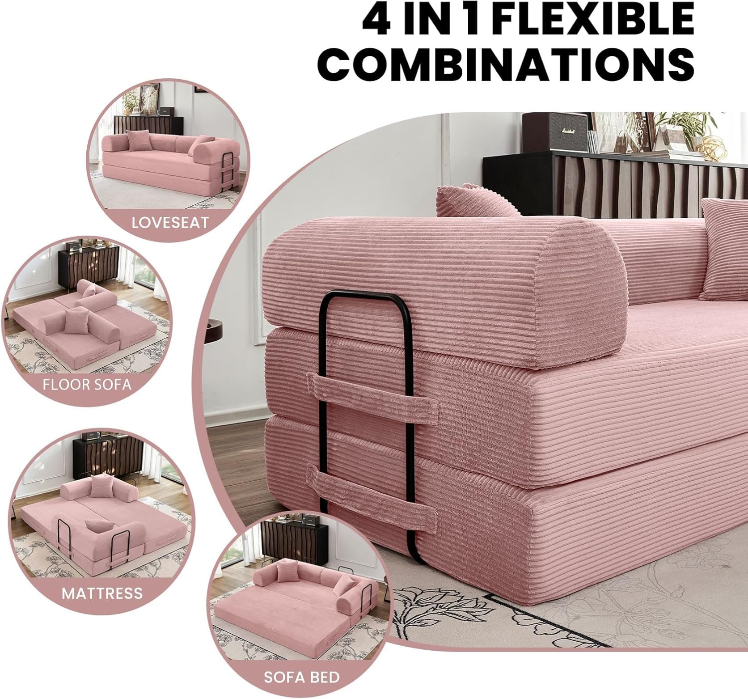 79'' Convertible Couch Bed, Folding Sleeper Sofa with Pull Out Bed, Modular Floor Sofa with Pillows, Corduroy Couch for Living Room Bedroom Lounge Apartment Guest Room Use (Pink)
