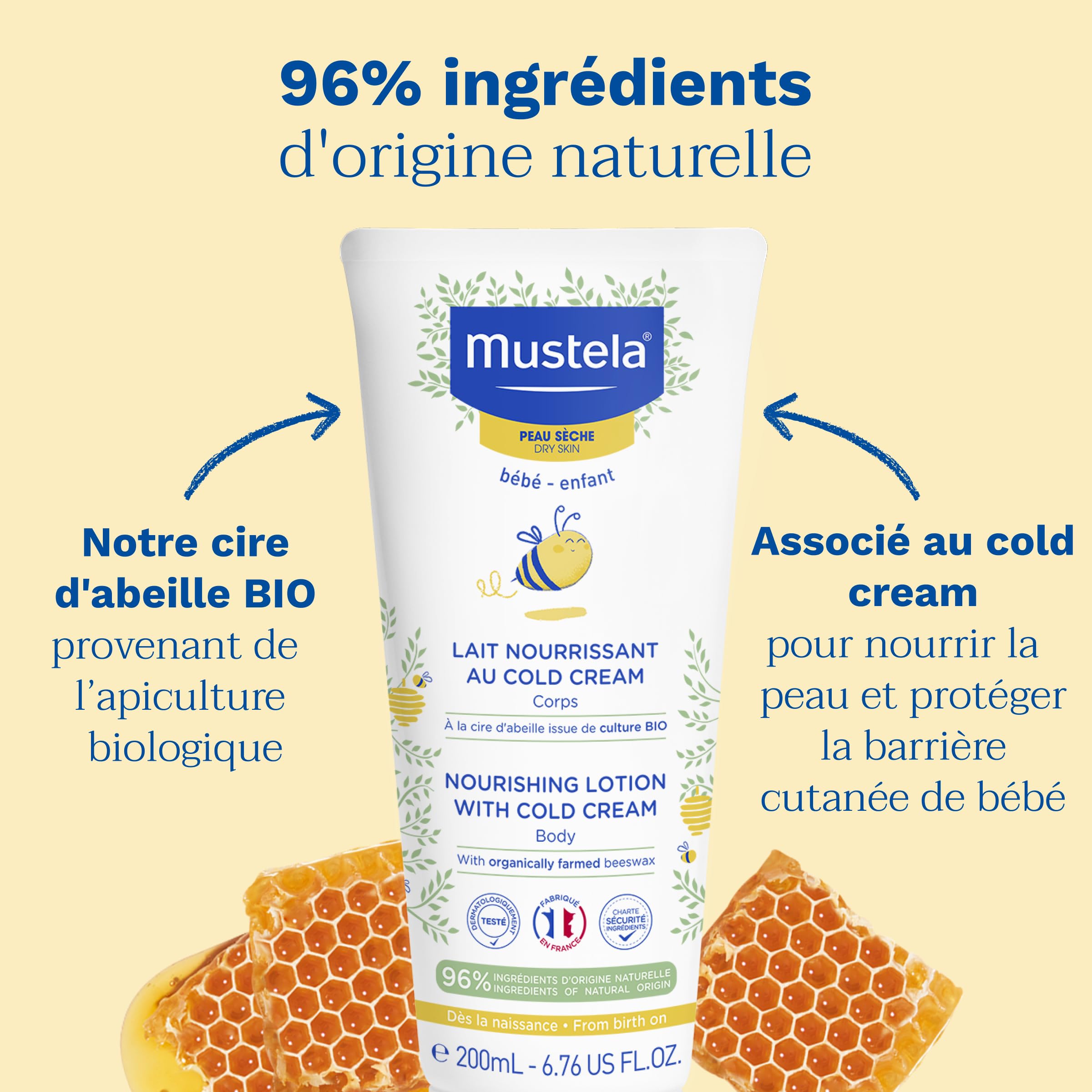 Mustela CC Lait Nourrissant, Cold Cream naturel, beurre de karité, corps, bébé et toute la famille - Hydratation quotidienne, spécifique peaux sèches, 95% d'ingrédients d'origine naturelle (200ml)