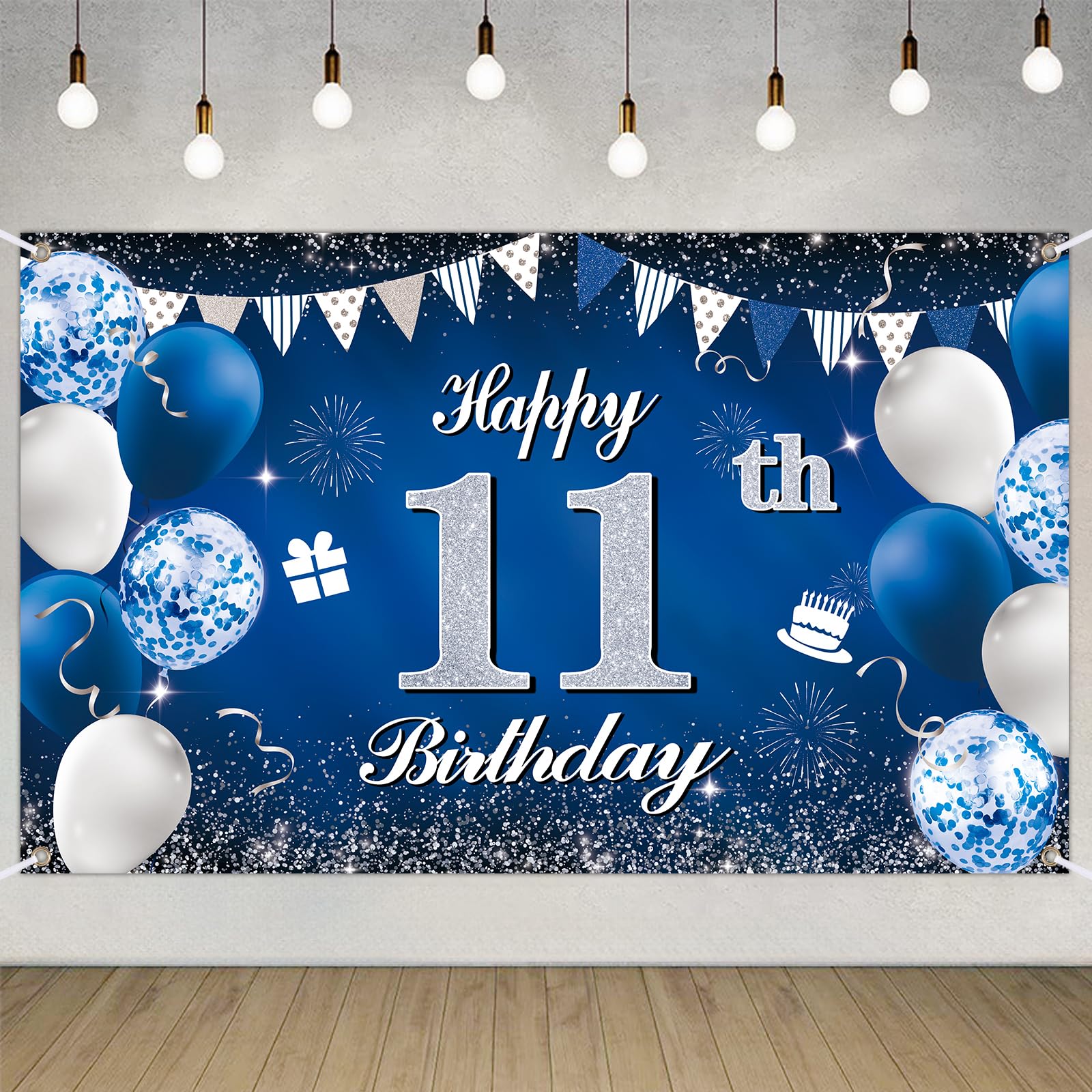 Happy 11th Birthday Decorations Blue Birthday Banner for Party Backdrop for Men Women Party Decoration Supplies