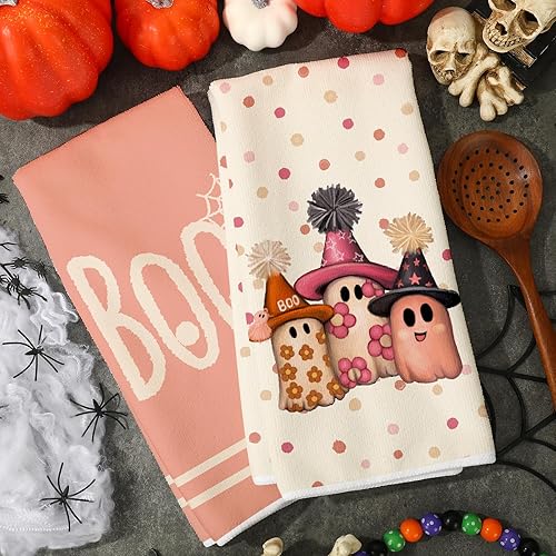 Miniatura 4 de AnyDesign Toalla de cocina de Halloween Boo, paño de cocina rosa, lindo fantasma, toalla de té decorativa de secado a mano para Halloween,