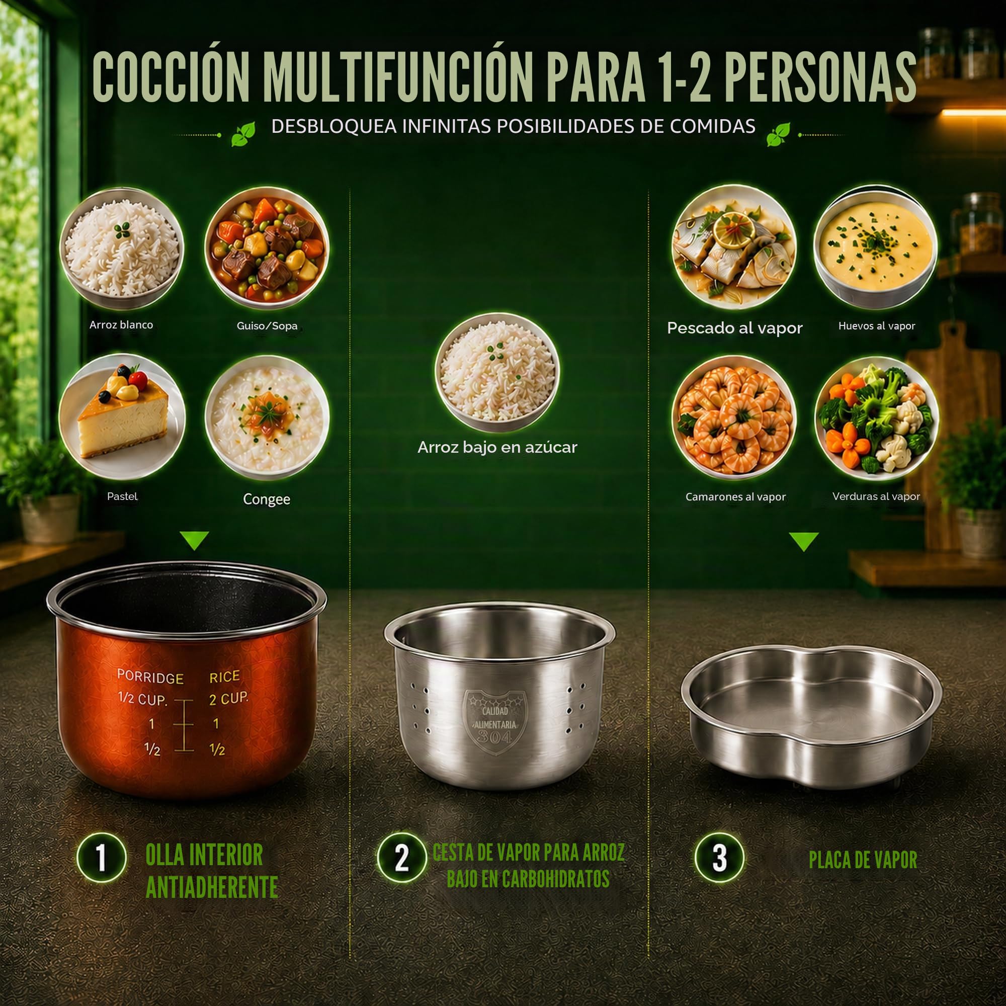 Audecook Arrocera baja en carbohidratos, mini multicocina sin cocinar de 2 tazas de 1.2 L, máquina de arroz antiadherente portátil 7 en 1 con vaporizador de acero inoxidable, temporizador de retardo