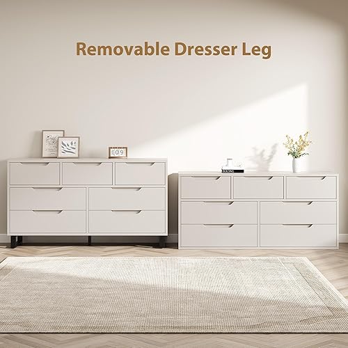 Vista 4 de GarveeHome Cómoda 7 para dormitorio, cómoda de 55 pulgadas de ancho, cajón horizontal independiente con almacenamiento, almacenamiento de madera