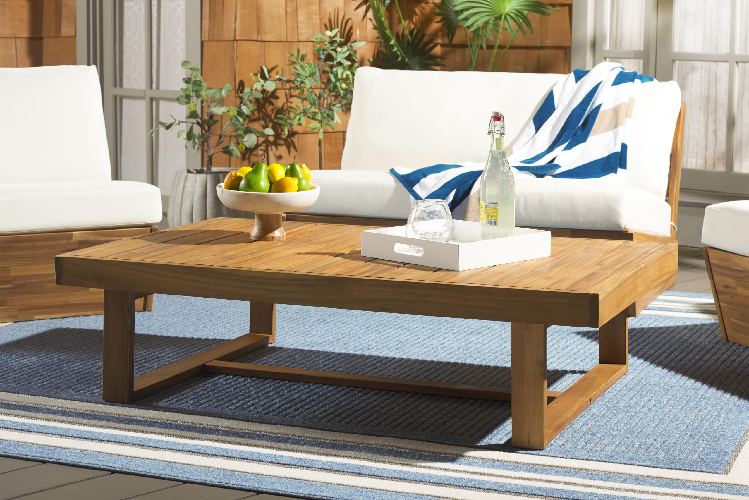 SAFAVIEH Outdoor Collection Duncan Natural Brown Slatted Top Solid Wood Coffee Table