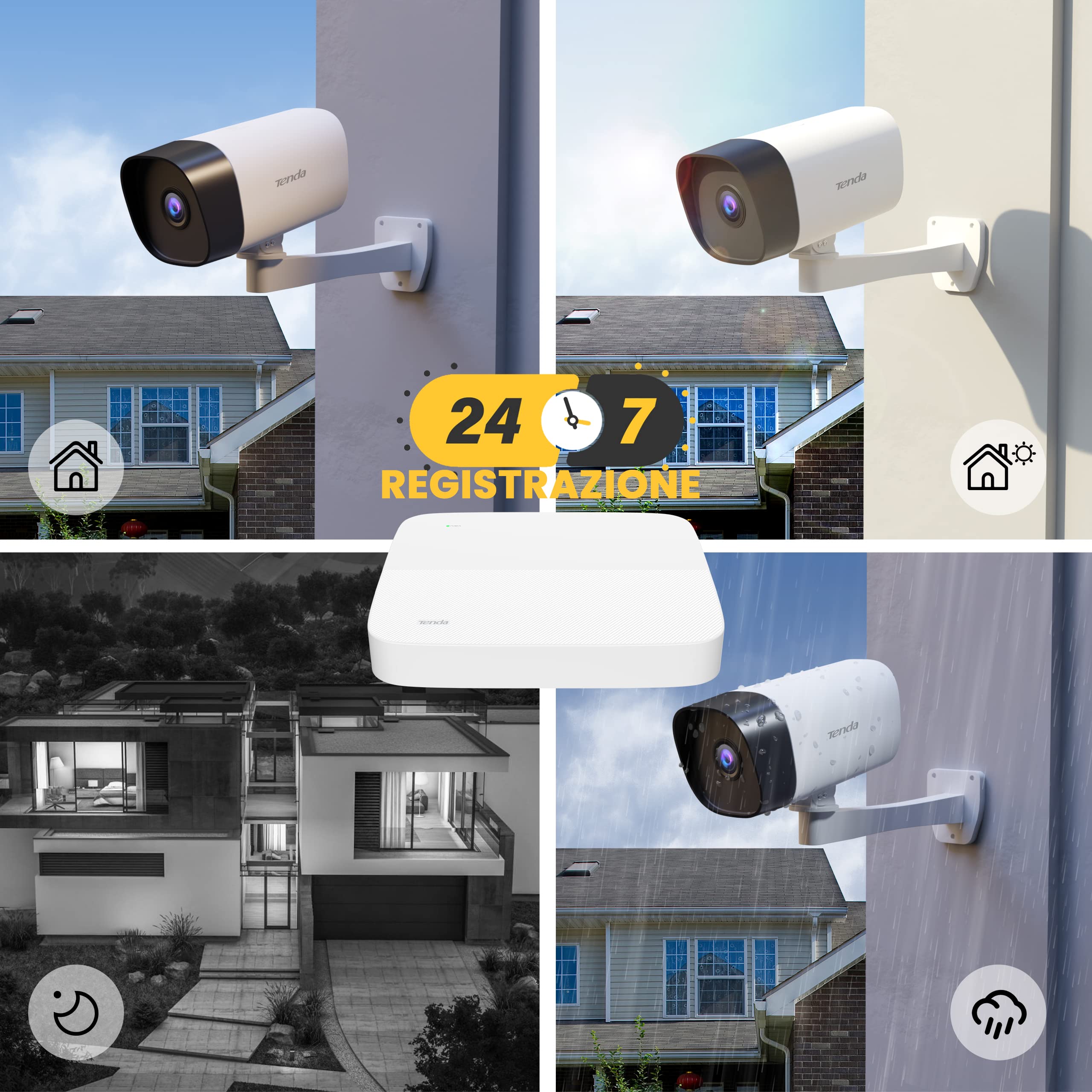 Tenda Kit Videosorveglianza Esterno 4MP, 4CH 4K NVR (fino a 10TB) con 1TB HDD e 4X Telecamera PoE, Rilevamento Intelligente di Persona, Visione Notturna di 50M, Accesso Remoto, K4P-4TR-1T