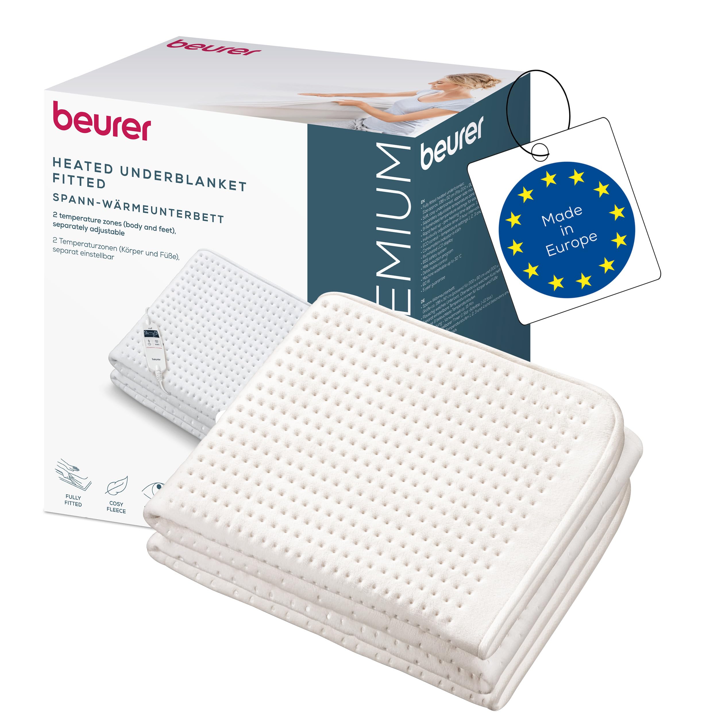 Beurer UB 101 Cosy Wärmeunterbett, Wärmebettunterlage für Einzelbett, 198 x 92 cm, Matratzenheizung mit 2 Wärmezonen, variable Abschaltautomatik, 9 Temperaturstufen, ECO-Modus, waschbar