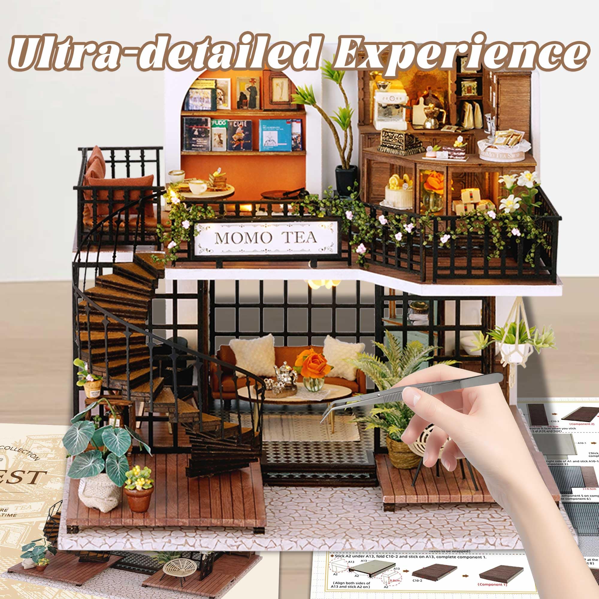 Kit de casa de muñecas en miniatura, habitación creativa con muebles para regalo romántico de obras de arte (Forest Teashop) 6