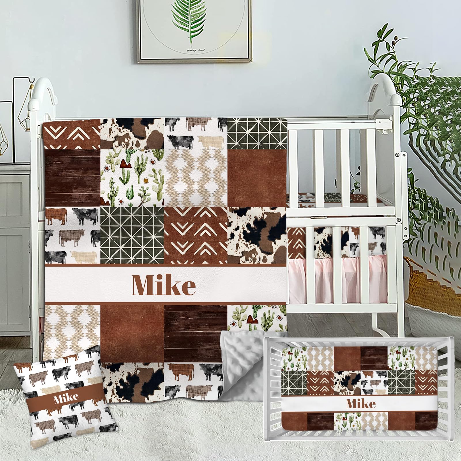 Munific Custom Crib Bedding Set for Boys with Name, Personalized Farm Cow 3 Piece Baby Crib Sets, Minky Dotted Backing Blanket, Fitted Sheet, Pillowcase, Nursery Crib Set for Newborn Toddler Infant