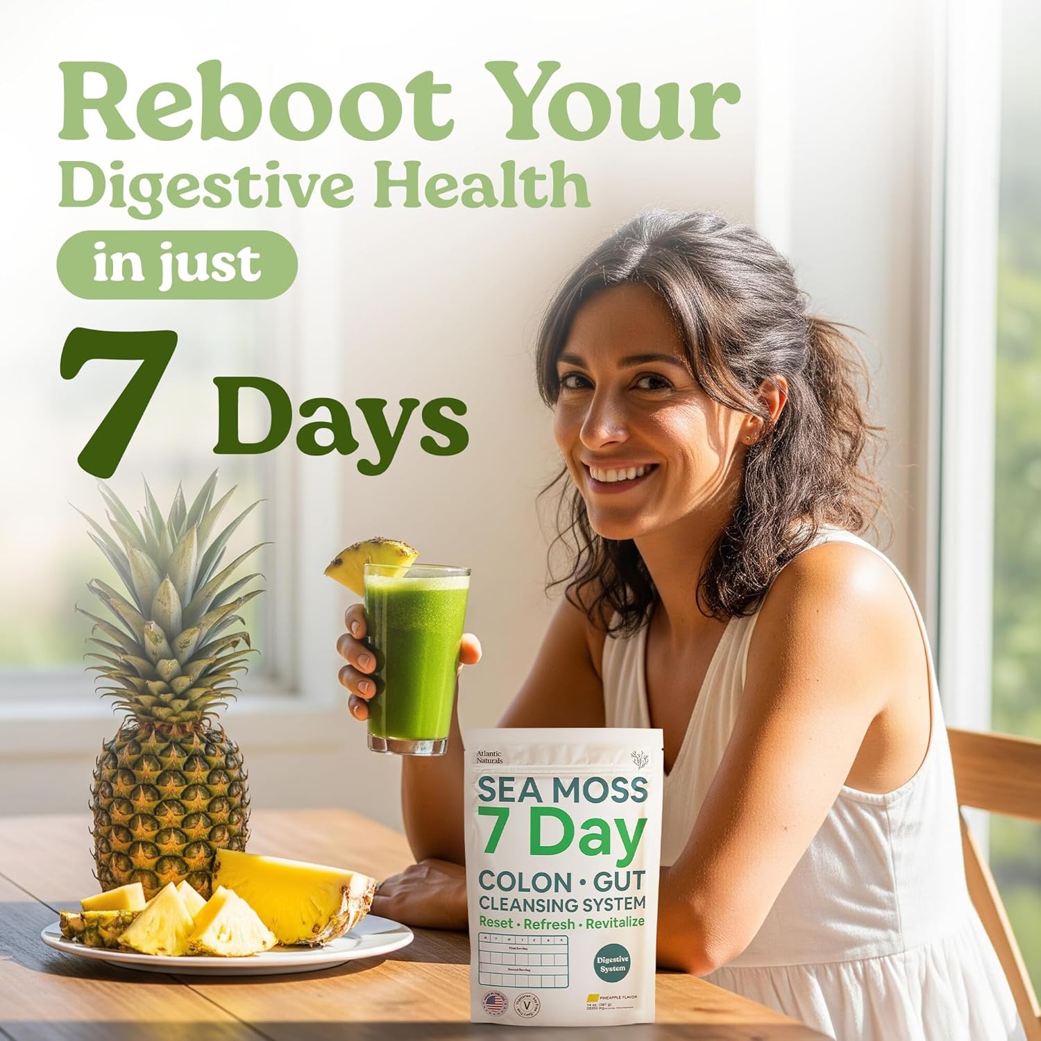 Atlantic Naturals Sea Moss 7-Colon Cleanse Powder | Formulated with Psyllium Husk, Fiber, & Senna Powder | Supports Immune & Gut Health for Women & Men, Pineapple Flavor Drink Mix, 14 oz