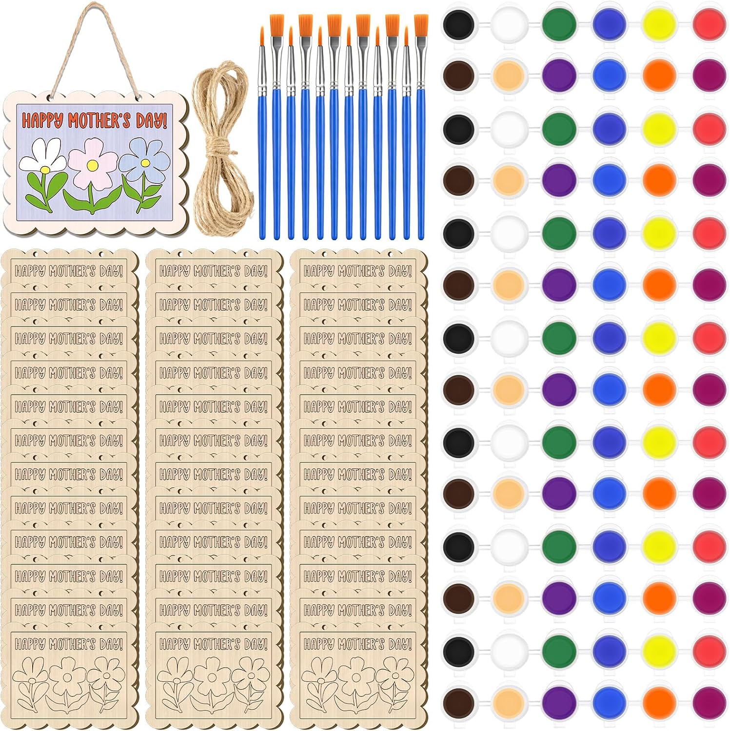 38 Pcs Mother's Day Paint Craft Kits Include Happy Wooden Plaque Paints Brushes for Mother's Day Gift Home DIY Project Activities Decor Supplies