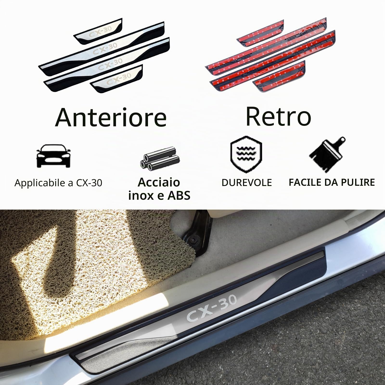 Protezione dell'ingresso della portiera dell'auto, Parti per Mazda cx-30 CX30 2020 2022 Piastra antiscuffie per Pannelli dei batticalcagno 4 Pezzi, Acciaio Inossidabile(Argento)