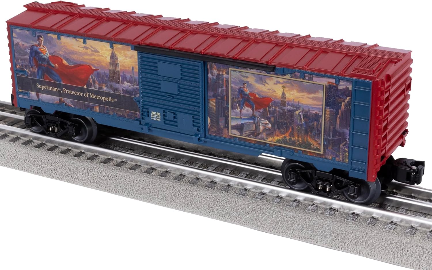 Lionel DC Comics Superman Protector of Metropolis Boxcar – Thomas Kinkade Studio O Gauge Model Train Car, with Diecast Metal Trucks, Opening Doors, Operating Couplers, Age 14+