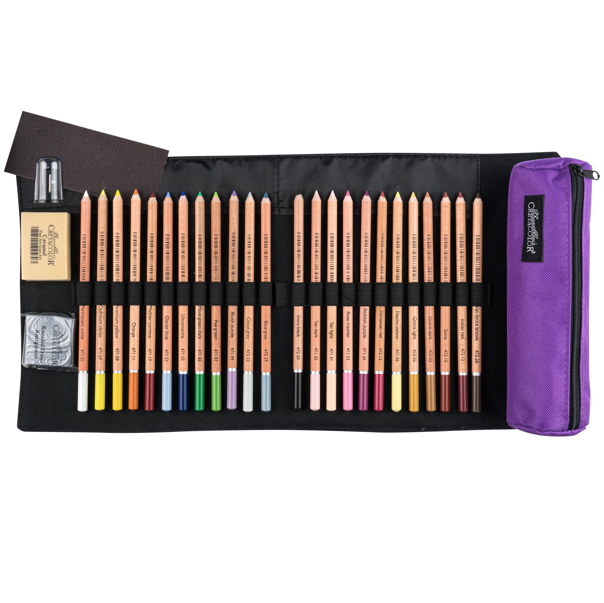 CRETACOLOR Rolletui „Fine Art Pastel“ 29-tlg – Pastellstifte mit Zubehör – Künstlerstifte für Zeichnen, Schattieren & Farbverläufe – Hochpigmentierte Farben im lila Etui