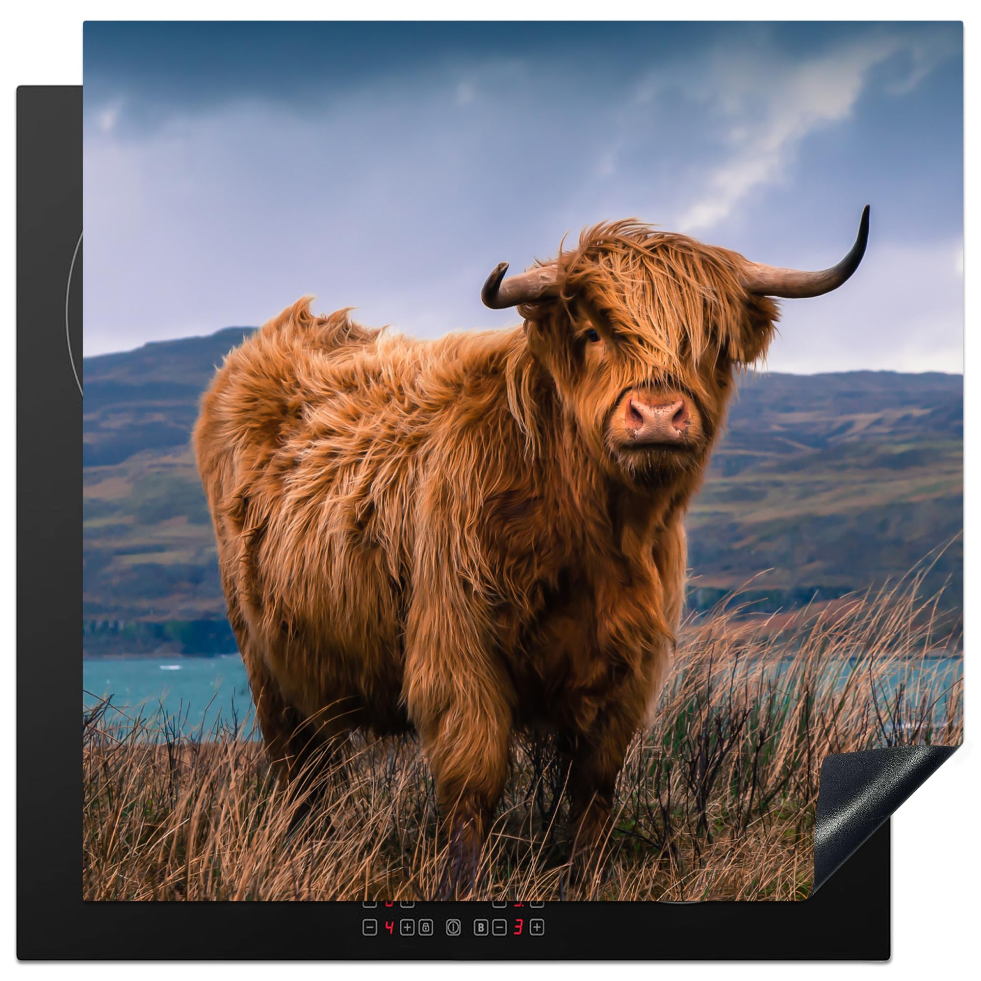 KitchenYeah© Induction Hob Protector Mat 30.7"x30.7" / 78x78 cm Cooker Top Protectors Cover Ceramic Covers Electric Hobs Vinyl Scottish Highlander - Mountain - Water - Nature - Cow — image 1