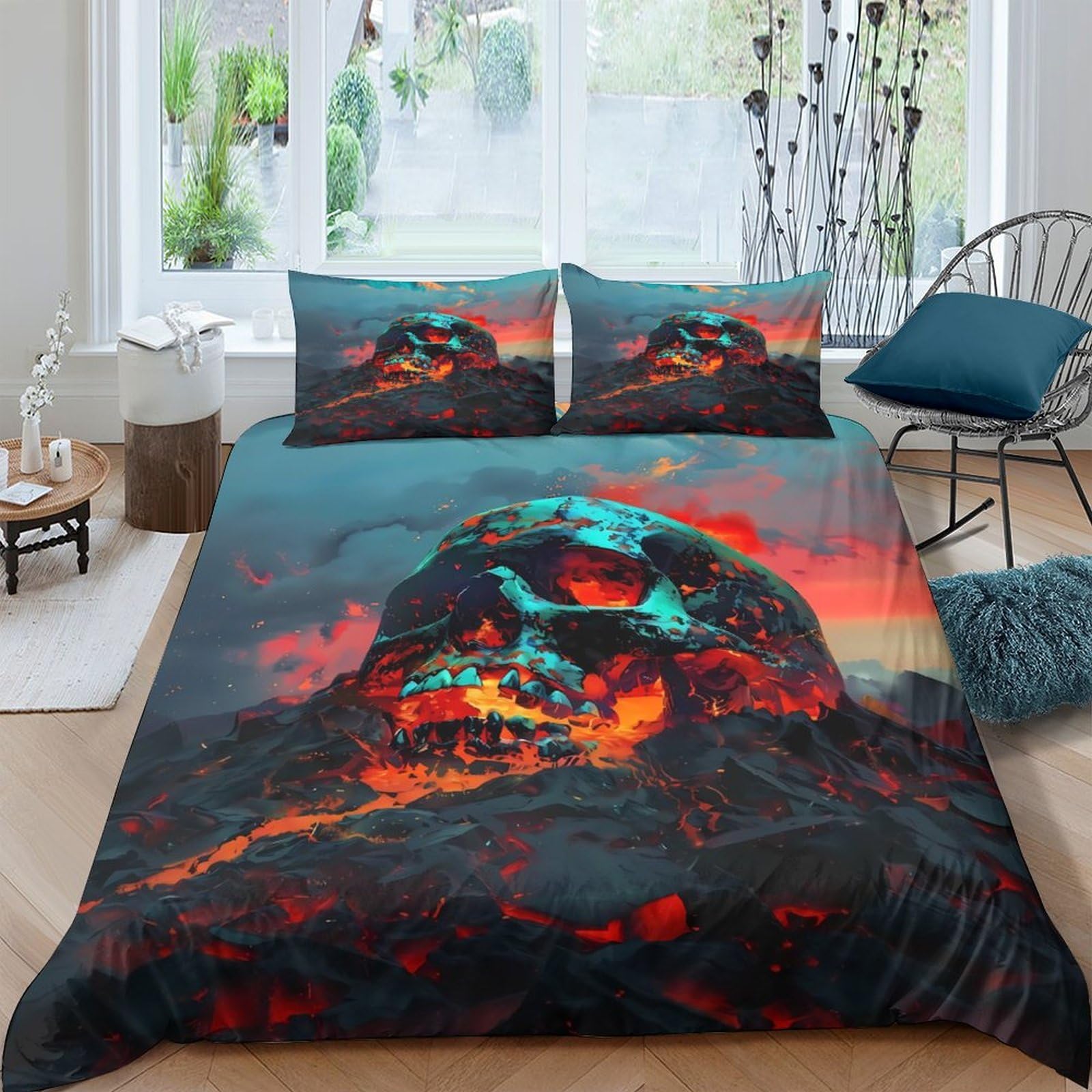 Ctjqhvkz Style-2 3D Printed Volcano Skull Fitted Sheet Microfiber Soft Breathable Lava Mountain Mattress Cover For Bedroom Decor Single（135X200cm）