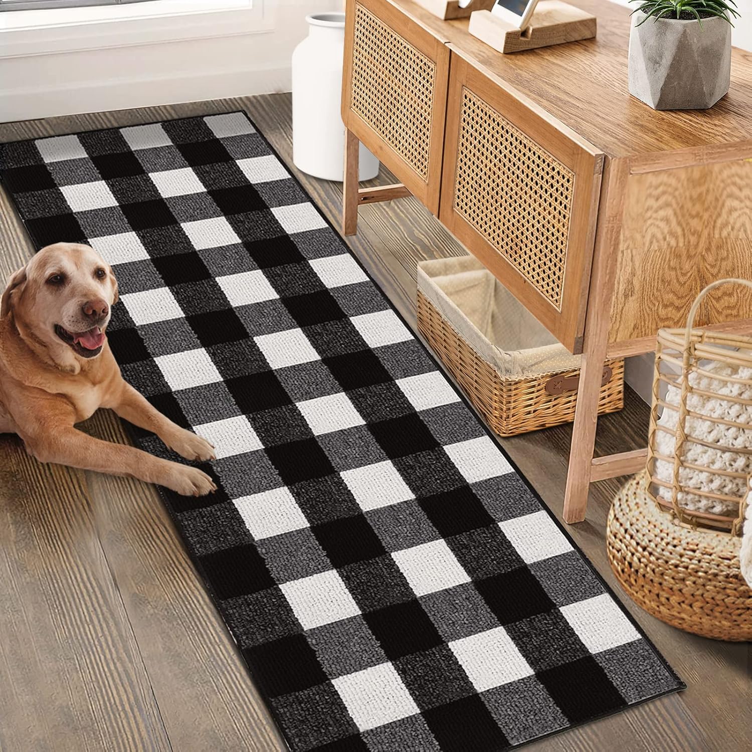 FONEYI Buffalo Plaid Outdoor Rug, 2'x6' Checkered Front Door Mat, Non Slip Absorbent Entryway Rug Doormat Indoor, Washable Outdoor Rugs for Layered Door Mats Front Porch/Farmhouse Grey and White