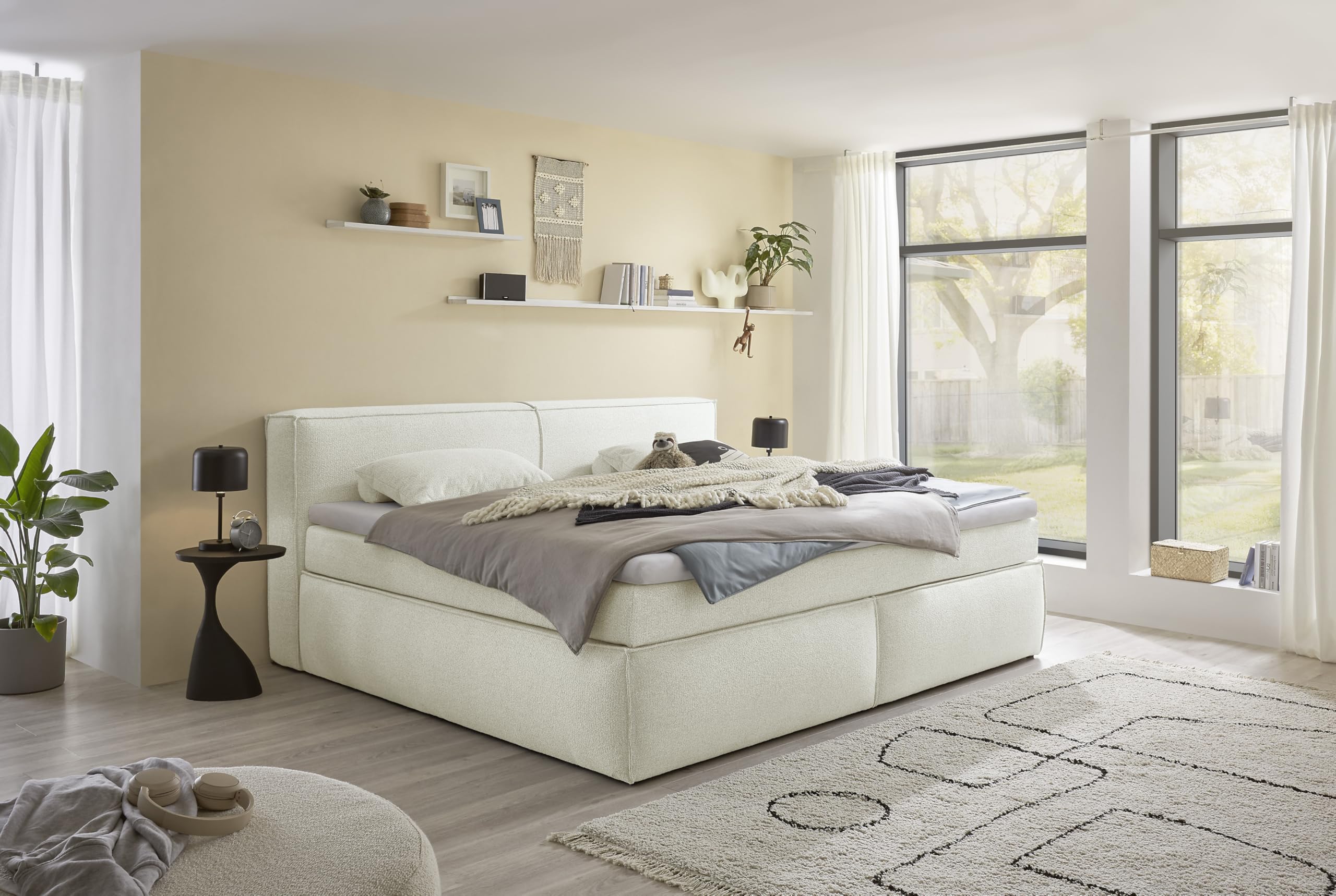 Stella Trading Boxspringbett 250 x 107 x 227 cm – Ivory, mit 7-Zonen-Tonnentaschenfederkern Obermatratze und Kaltschaum-Topper