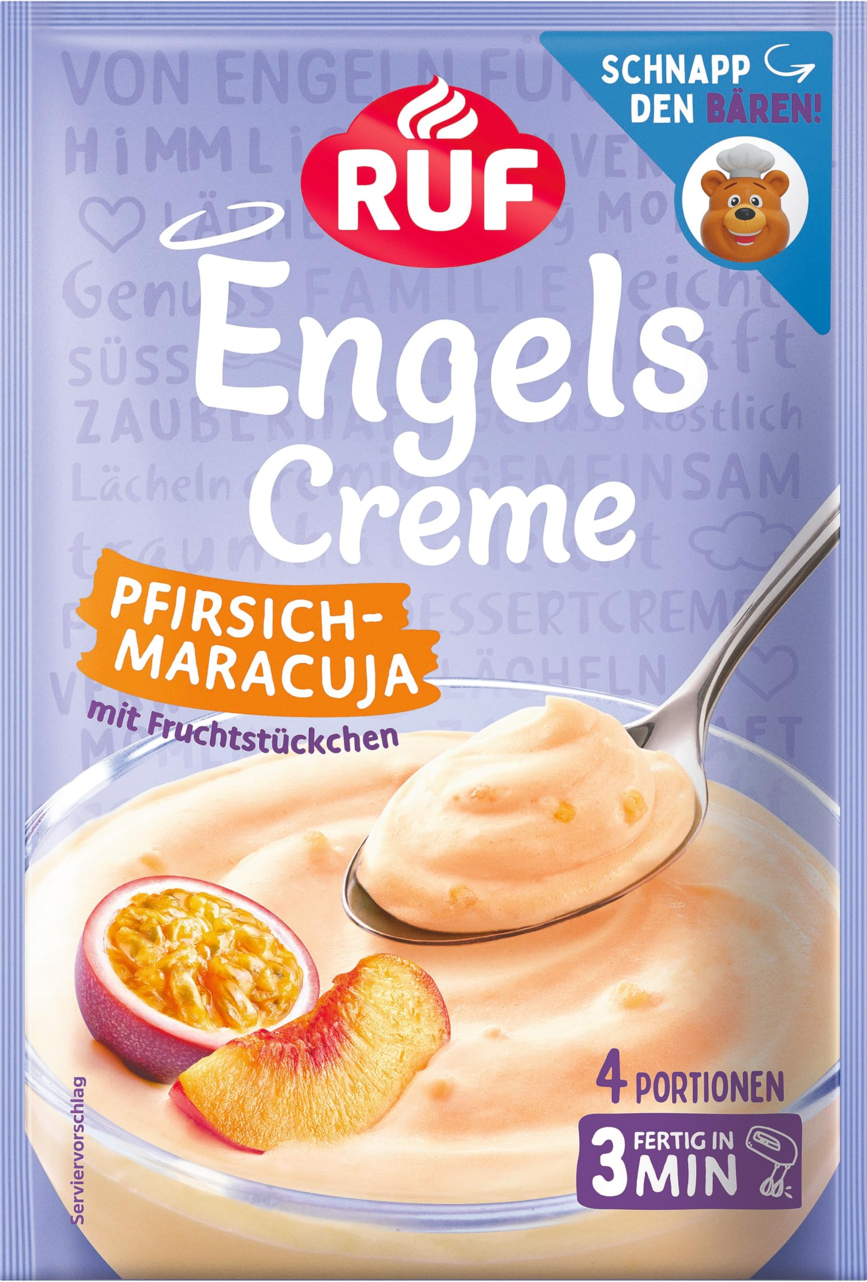 RUF Engels Creme Pfirsich-Maracuja, Dessertpulver für eine Dessertcreme mit Fruchtstückchen und dem fruchtig frischem Geschmack von Pfirsich und Maracuja, 4 Portionen