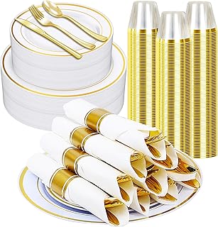 Zcaukya 350 PCS Gold Plastic Dinnerware for 50 Guests, Elegant Disposable Utensils Set with 100 Plates, 50 Pre-Wrapped Napkins, 50 Cups, 50 Spoons, 50 Forks and 50 Knives for Birthday Parties Weddings