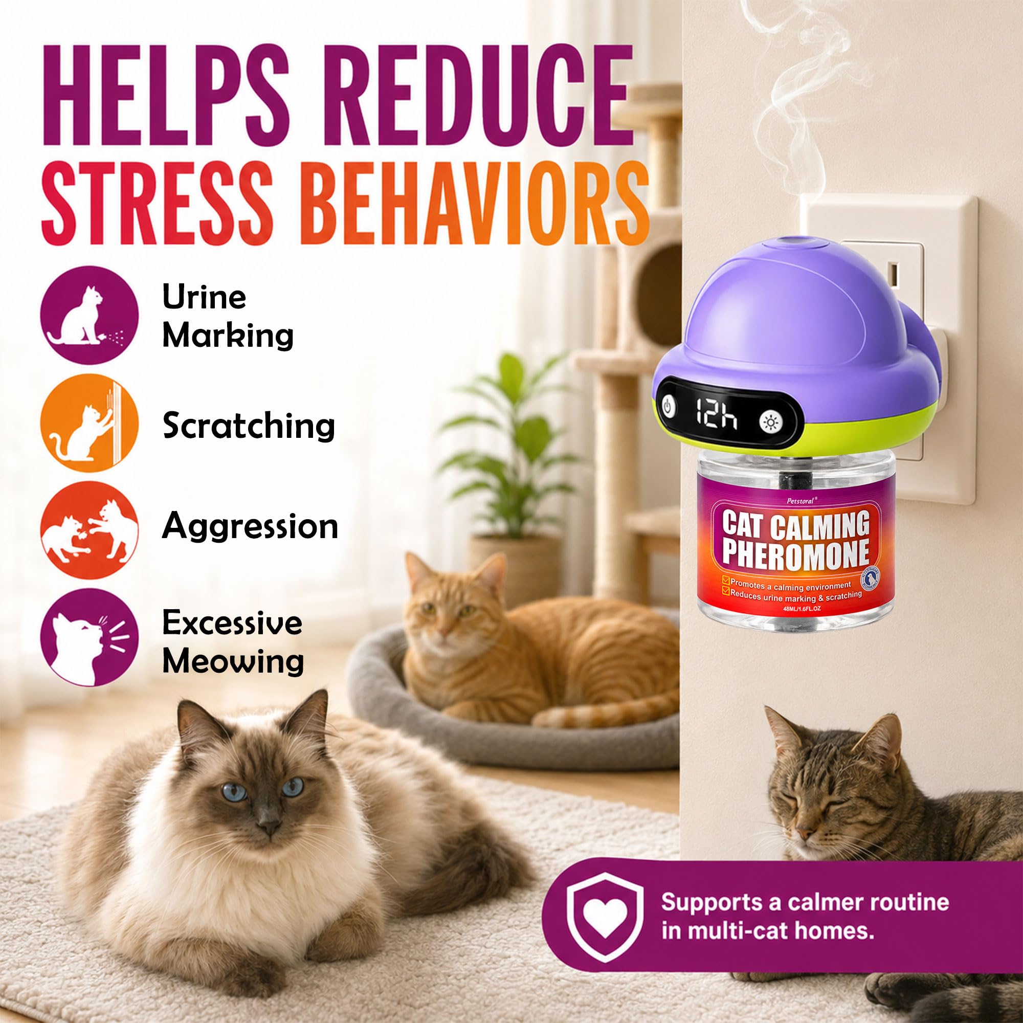 Petstoral Diffuseur de phéromones pour chat avec minuterie, programme intelligent de 4/8/12/24 heures, aide à réduire l'anxiété, la pulvérisation d'urine, les rayures et l'agression pour les maisons