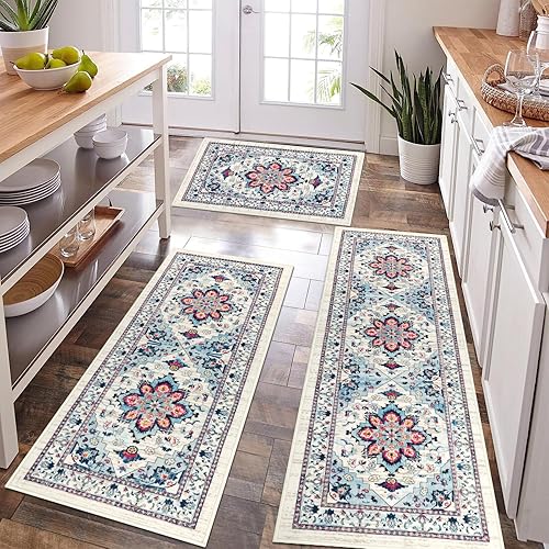 Bsmathom Farmhouse Kitchen Rugs Sets 3 Piece with Runner, Boho Kitchen Mats for Floor, Washable Non-Slip Kitchen Floor Mat for Kitchen Floor Hallway