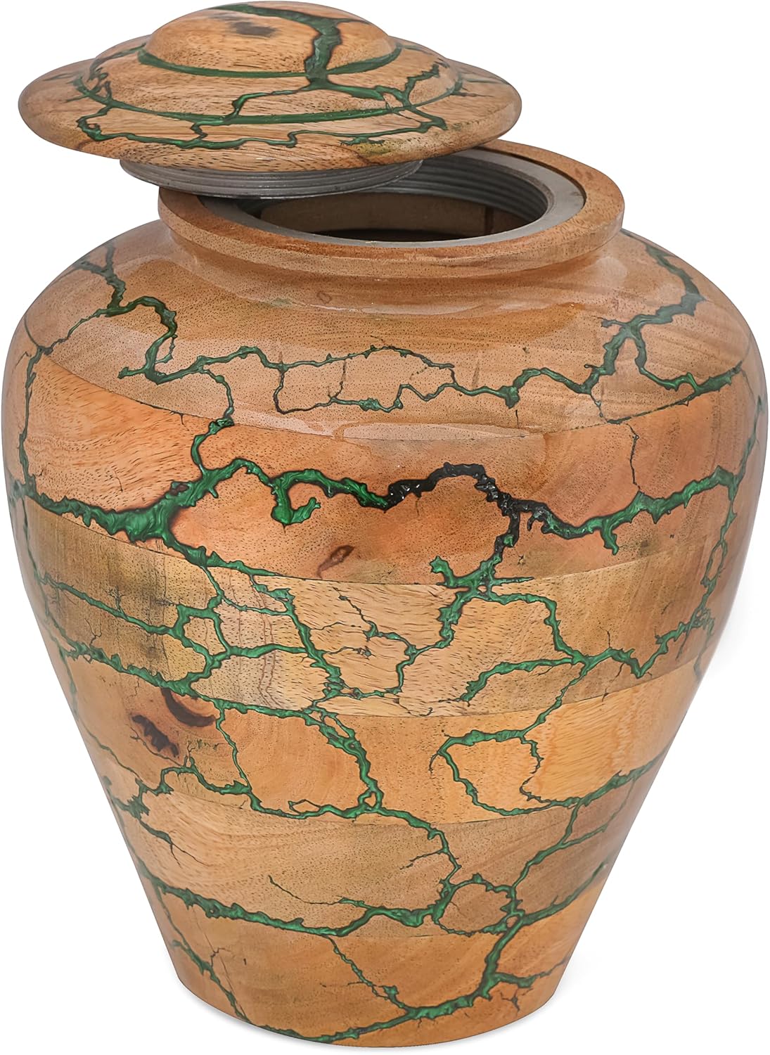 Wooden Cremation Urn for Adult Human Ashes – Handmade Mango Wood Funeral Urn with Green Epoxy Inlay – Large 225 Cu in Memorial Burial Urn Box with Velvet Bag (225 lbs)