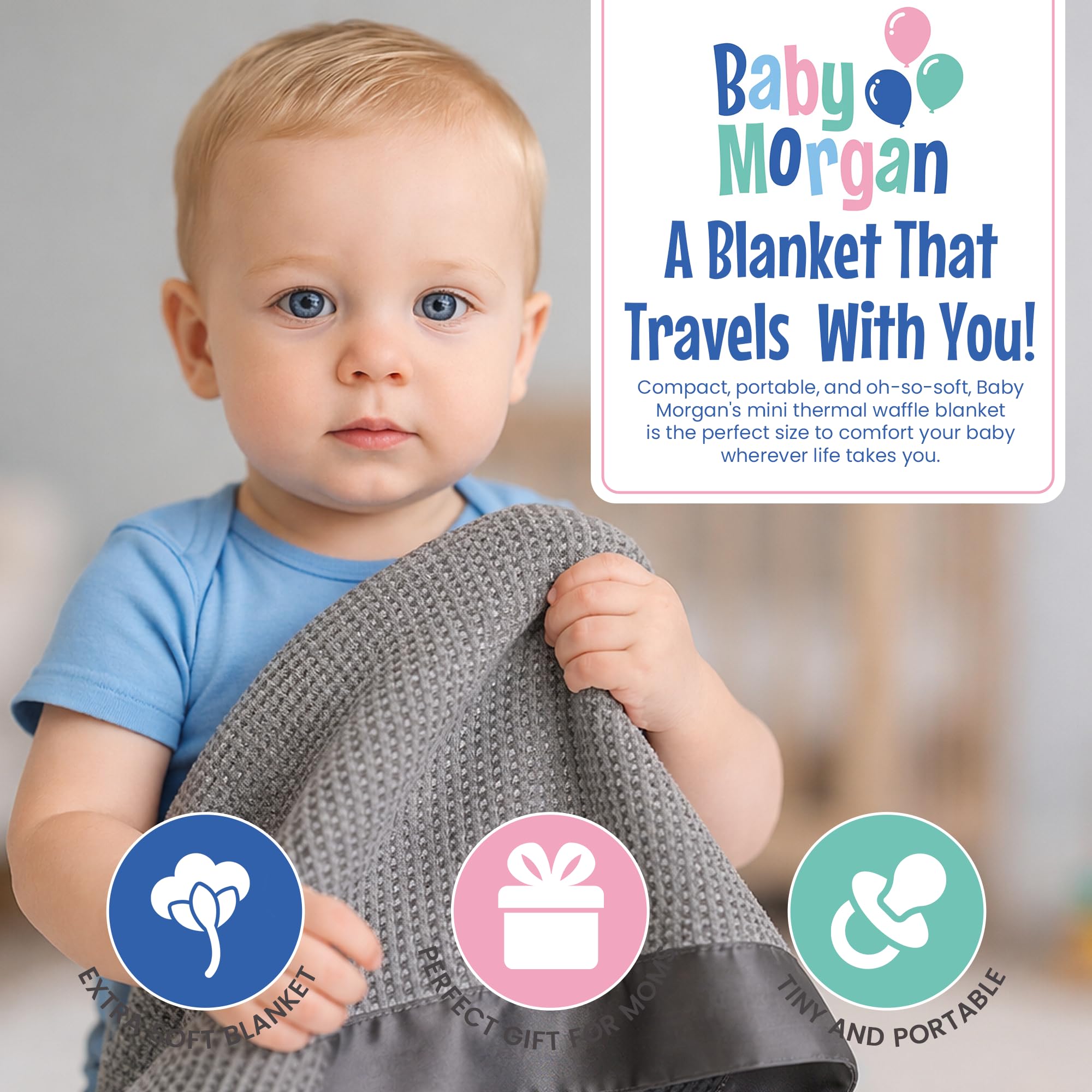 Hochwertige Thermo-Babydecke mit Waffelmuster, kleine Decke für Neugeborene und Säuglinge, weiche Mini-Komfortdecke, ideal für Kinderwagen, Reisen und Kuscheln, grau, Nylonbesatz (45,7 x
