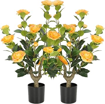 Bellacat 2ft Artificial Camellia Tree with Lifelike Orange Flowers & Leaves, 24in Faux Camellia Plant with Realistic Trunk, Potted Front Door Fake Flower Tree for Patio Porch Living Room Decor, 2Pack